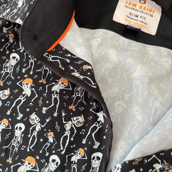 Halloween Skeleton Graphic Long Sleeve Mens Dress Shirt XL Slim Fit Office Party - Picture 4 of 9